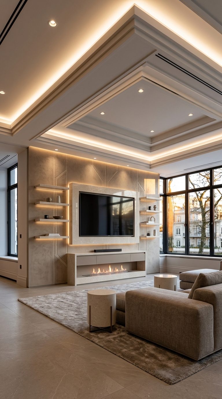 Warm taupe minimalist media wall with quartz inlay, bioethanol fireplace and floating quartz shelves